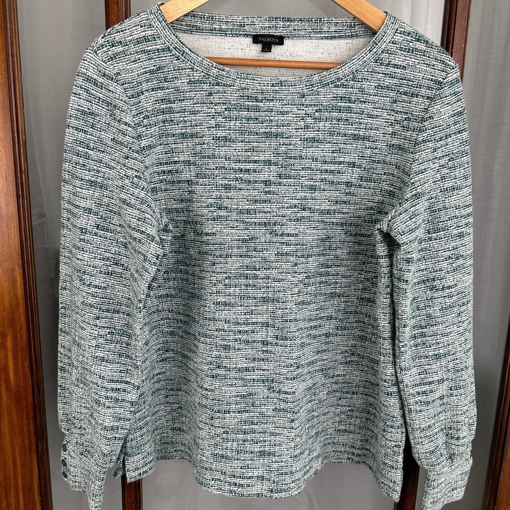 Talbots Knit Pullover Top Textured Size Large Cotton‎ Green Button Long Sleeve